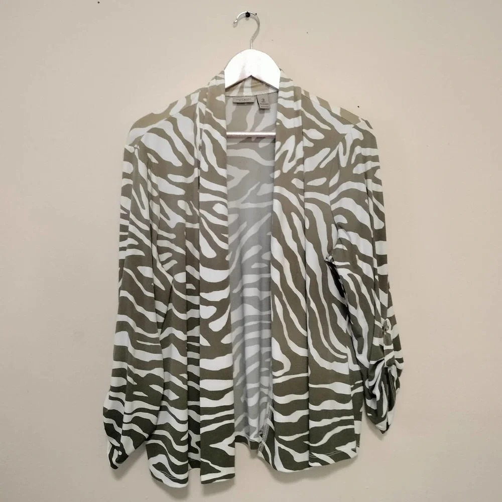 Easywear Chico's Size 3/XL Ombre Taupe White Striped Cardigan - Picture 2 of 6